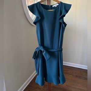 LOFT Teal Midi Dress with Ruffle Sleeves